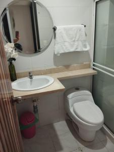 a bathroom with a sink and a toilet and a mirror at apartamento 302 alquiler rentahouse in Bucaramanga
