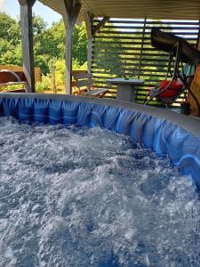 AdamÃ³wRoztocze, Domek Na Leśnym Wzgórzu nr2,Krasnobród,Zamość, Zwierzyniec, jacuzzi的一个大水池，周围有蓝色塑料