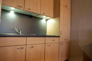 une cuisine avec des armoires en bois et un évier dans l'établissement Frische-Brise-03-04, à Cuxhaven 1 autre photo