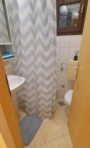 a bathroom with a shower curtain and a toilet at Sun and Sea Apartmani Vir Mali in Vir