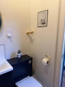 a bathroom with a toilet and a toilet paper roll at Newly refurbished, 2BD, 1Bath, Free Parking, Central in Gloucester