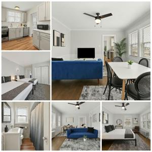斯科基Spacious 2BR Close to it All - Chic Apt in Skokie - Elm 3A的厨房和客厅的照片拼合在一起