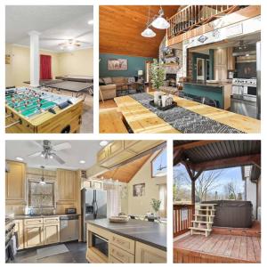 a collage of pictures of a kitchen and a living room at Hot Tub Fire Pit Game Room Family Getaway in Hedgesville