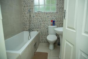 a bathroom with a toilet and a tub and a sink at Kanana Villas - Maun 2 bedroom apartment in Maun +22 photos