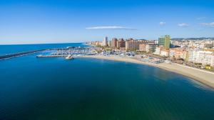 an aerial view of a beach and the ocean at Hostal Los Corchos in Fuengirola