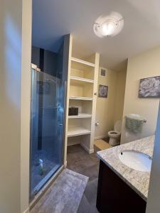a bathroom with a shower and a sink at Family Comfy Kid Family Pet-Friendly Home Near Everything in Issaquah