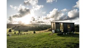 RuawaroMighty Tiny House 2 by Tiny Away的一片田野上的小房子,背着太阳