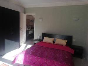 a bedroom with a bed with a pink blanket at Binch in El Haouaria