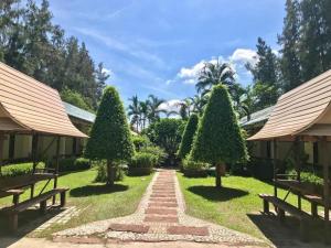 un chemin dans un jardin avec deux bancs et des arbres dans l'établissement The Pine Resort, à Ban Khlong Khwang