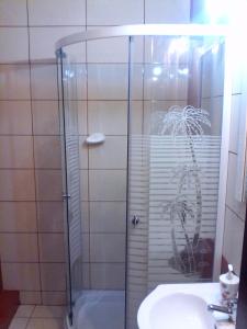a shower with a glass door next to a sink at Complex Turistic Ocna Sibiului in Ocna Sibiului +24 photos
