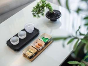 une table avec une plante en pot et une assiette de sushis dans l'établissement Shanshui S Hotel Zizhong City Mdl, à Shuinan