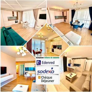 a collage of four pictures of a living room and a kitchen at Loft side Premium Apartments in Mamaia