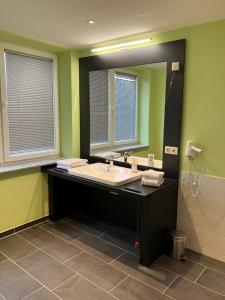 a bathroom with a sink and a mirror at Hotel Restaurant Elbebrücke in Oranienbaum-Wörlitz