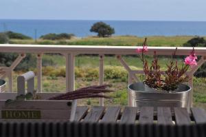 a wooden bench sitting on a porch with two potted plants at Villa Imerti Kiotari in Kiotari