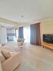 a living room with a couch and a flat screen tv at Horizon Suite in Nikiti
