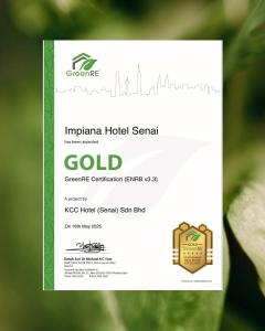 Certifikát, hodnocení, plakát nebo jiný dokument vystavený v ubytování Impiana Hotel Senai