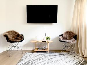 un salon avec deux chaises et une télévision dans l'établissement Mountain Escape Ski & Trails in Cottonwood Heights - Salt Lake City, à Cottonwood Heights