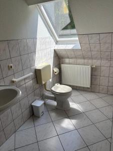 a bathroom with a toilet and a sink and a window at Motel auf der Alm in Soltau