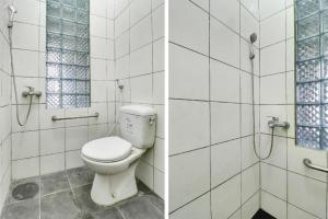 two pictures of a bathroom with a toilet and a shower at Hotel O My Guest House Syariah in Bandung +50 photos