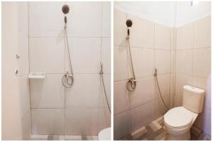 two pictures of a bathroom with a toilet and a shower at Hotel O Almahyra Guest House Syariah in Sultan Thaha Airport +46 photos