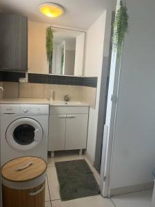 łazienka z pralką i umywalką w obiekcie P'ti caze w mieście Saint-Gilles les Bains
