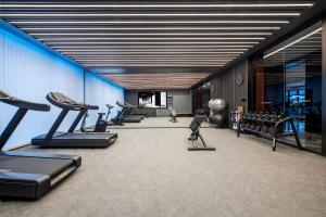 西安Xi'an Ancient Ming City Wall Premium IntercityHotel的健身房设有数台跑步机和有氧运动器材