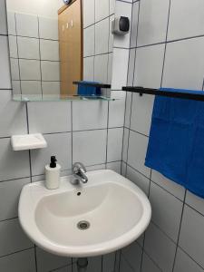 a bathroom with a white sink and a mirror at Apartments Vozab in Pag