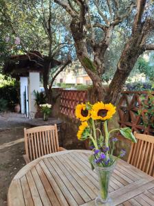 een vaas met bloemen op een houten tafel bij Gabri House Art gallery b&b in Lucca