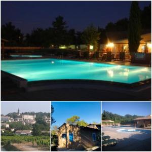 a collage of photos of a swimming pool at night at Provence, Uzès, Gaujac maisonnette 6-7 personnes dans résidence in Gaujac