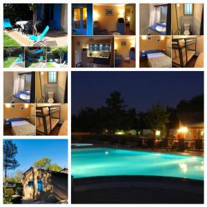 a collage of photos of a house and a swimming pool at Provence, Uzès, Gaujac maisonnette 6-7 personnes dans résidence in Gaujac
