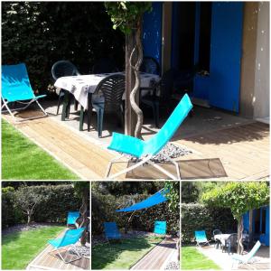 a blue chair sitting next to a table in a yard at Provence, Uzès, Gaujac maisonnette 6-7 personnes dans résidence in Gaujac +10 photos
