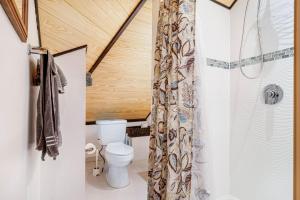 a bathroom with a toilet and a shower at Play Arcade Games Make Firepit Smores Explore Downtown Blue Ridge in Minutes - Trails End in Blue Ridge +55 photos