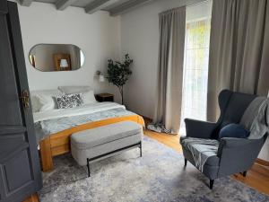 WejsunyVilla Wejsunka的卧室里有一张床、一把椅子和一面镜子