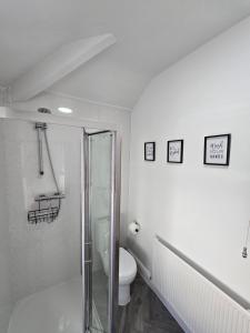 Un baño blanco con ducha y WC. en Seasalt Apartment, en Barmouth 31 fotos más