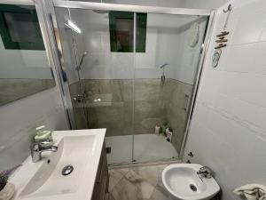 a bathroom with a shower and a sink and a toilet at La Laguna del Portil in El Portil