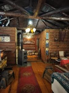 salon z kuchenką w drewnianym domku w obiekcie Yono's Traditional House w mieście Áno Ravénia
