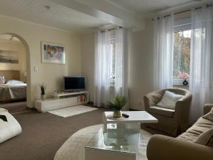 a living room with a couch and a tv at Fränkischer Hof Hotel Garni in Alzenau