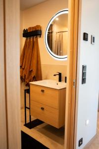 a bathroom with a sink and a mirror at Lux Penthouse with sauna in Rakvere