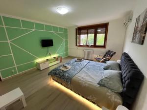 a bedroom with a bed and a green wall at Fontana view in Belgrade