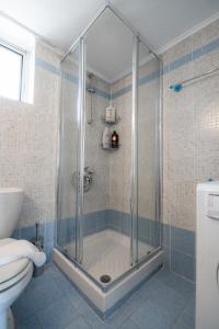 a shower with a glass door in a bathroom at Villa PAPADATES NEFELI in Barbaliáki +52 photos
