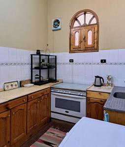 卢克索Villa Belzoni的配有木制橱柜和炉灶烤箱的厨房