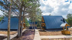 a house with a blue roof and trees at Natural Dream Blidinje in Rudo Polje