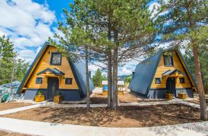 a home with a blue house and trees at Natural Dream Blidinje in Rudo Polje