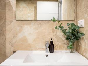 baño con lavabo blanco y jarrón con planta en Apartment Atalaya in the center, en Santander 23 fotos más