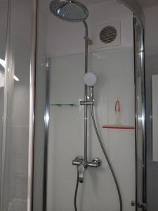 a shower with a shower head in a bathroom at Knusse studio met groot terras te Middelkerke! in Middelkerke