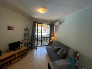 a living room with a couch and a television at private apartments in Apolon in Ravda