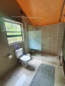 a small bathroom with a toilet and a window at Harties Is Africa Safari Lodge in Hartbeespoort