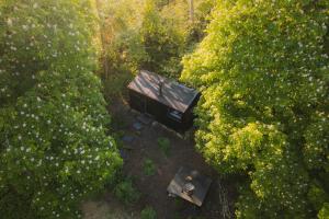 韦斯特米斯Samsu Cabins的烤架和野餐桌与树木的俯视图