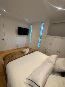 a bedroom with two beds and a flat screen tv at A penthouse with a luxury Jacuzzi and panoramic view in Bogotá +40 photos