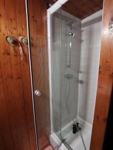 a bathroom with a shower with a glass door at Joyeux Flocon - Spacieux chalet in Les Contamines-Montjoie